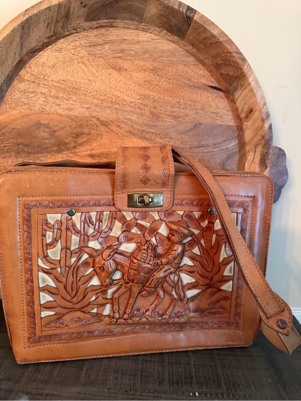 Vintage Leather Hand Tooled Tan Satchel Bag Monterey Mexico Boy on Donkey